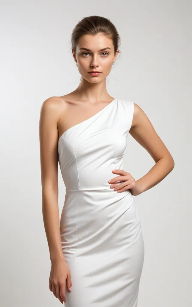 A European female model wearing a dress with a One   shoulder collar, white background, bust portrait